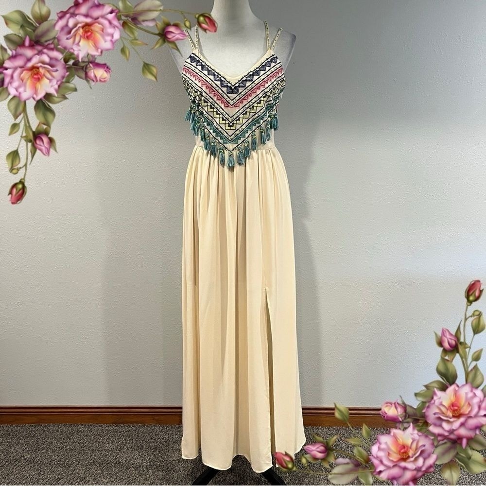 Greylin Cream beaded embroidered Maxi Sundress with straps size small